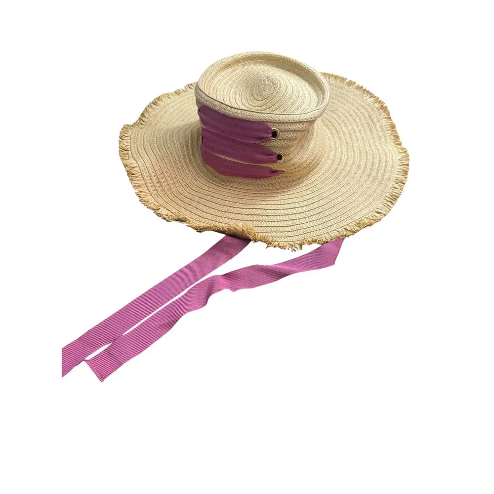 Laundry by Design floppy Straw Sun Hat Ribbon Frayed Wide Brim resort garden